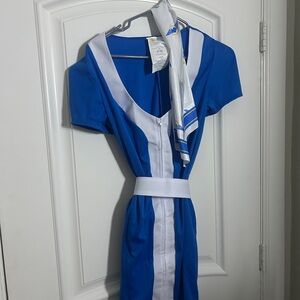 Flight Attendant Costume - Blue and White Retro Dress with Accessories